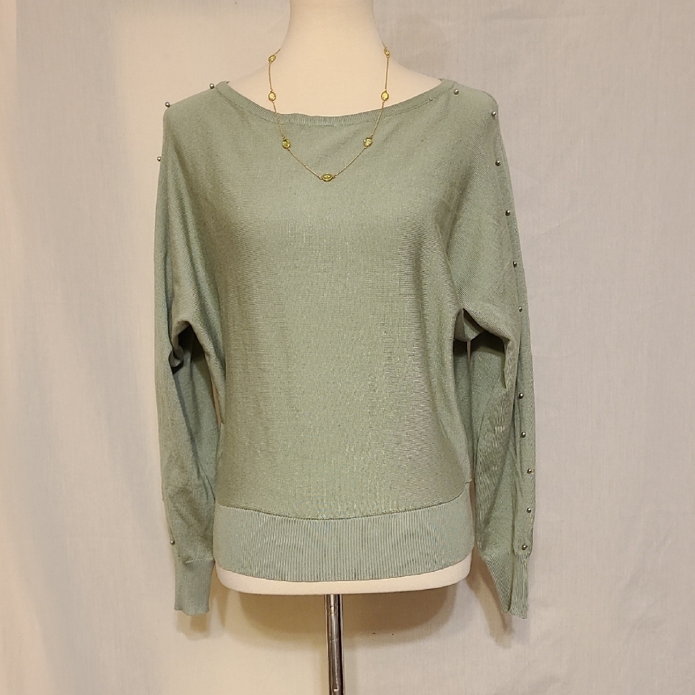 Tahari Light Green Beaded Embellished Sleeves Crew Neck Sweater